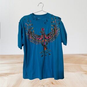 Teal Graphic T-Shirt with Colorful Bird Design